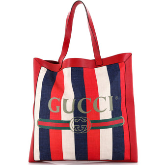 Gucci Logo Tote Striped Canvas and Leather Large