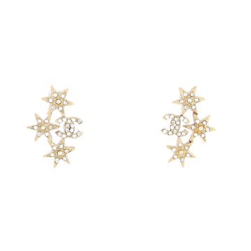 Chanel CC Triple Star Cluster Stud Earrings Metal with Crystals and Faux Pearls