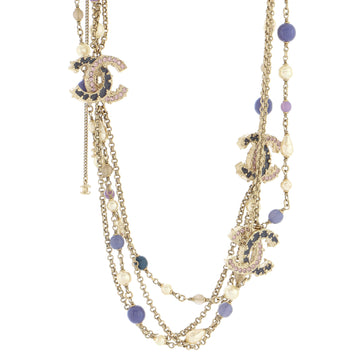 Chanel CC Long Double Strand Necklace Metal with Faux Pearls and Beads