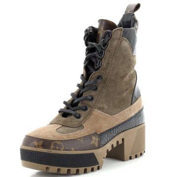 Louis Vuitton Women's Laureate Platform Desert Boots Suede with Monogram Canvas and Crocodile