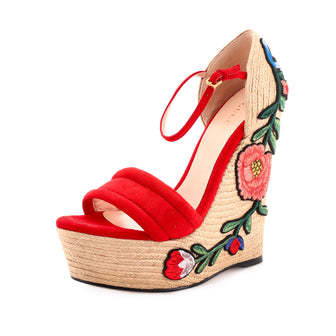 Gucci Women's Embroidered Wedge Espadrilles Suede with Applique