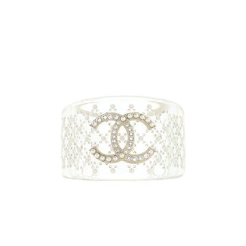 Chanel CC Cuff Bracelet Clear Resin and Metal with Crystals and Faux Pearls Wide