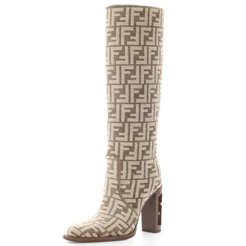 Fendi Women's Cut Knee High Boots Zucca Jacquard