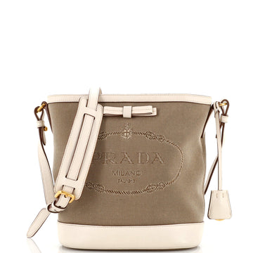 Prada Logo Convertible Bucket Messenger Bag Canvas with Leather Small