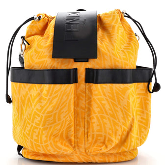 Fendi Logo Flap Drawstring Backpack Zucca Canvas with Leather Large