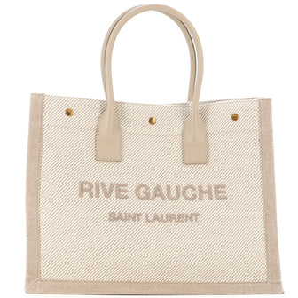 Saint Laurent Rive Gauche Shopper Tote Embroidered Cotton and Linen Small