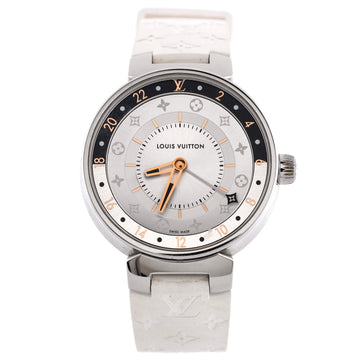 Louis Vuitton Tambour Moon Dual Time Quartz Watch Stainless Steel with Monogram Vernis 35