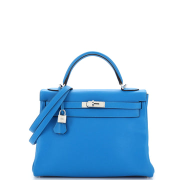 Hermes Kelly Handbag Blue Evercolor with Pallladium Hardware 32
