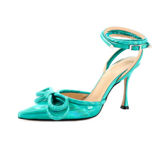 Mach & Mach Women's Double Bow Ankle Strap Pumps Iridescent Leather 100