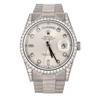 Rolex Oyster Perpetual President Day-Date Automatic Watch White Gold with Diamond Bezel, Lugs, and Round and Baguette Diamond Markers 36
