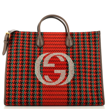 Gucci Interlocking G Shopping Tote Houndstooth Tweed Large