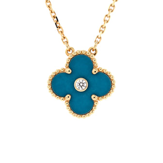 Van Cleef & Arpels Vintage Alhambra Pendant Necklace 18K Yellow Gold and Sevres Porcelain with Diamond