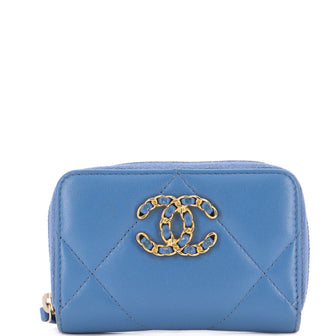 CHANEL Goatskin Quilted Chanel 19 Zip Around Coin Purse Wallet Blue 698786