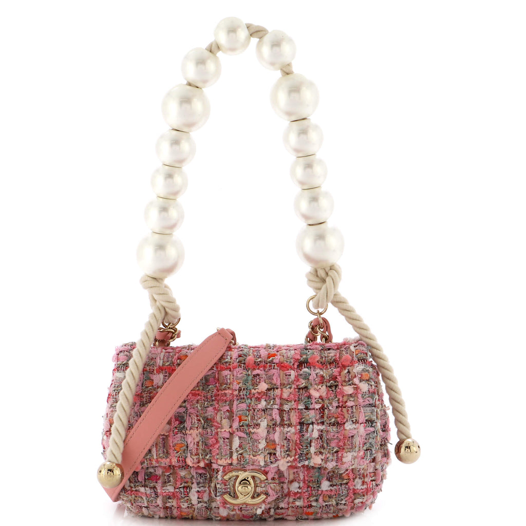 Chanel Pearl Handle Flap Bag Quilted Tweed Mini Pink 2090452