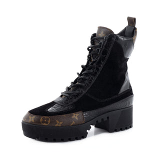 Louis Vuitton Women's Laureate Platform Desert Boots Suede with Monogram Canvas and Crocodile