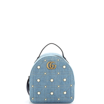 Gucci Pearly GG Marmont Backpack Embellished Matelasse Denim Small