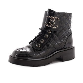 Chanel Women's Chain CC Cap Toe Lace Up Combat Boots Quilted Shiny Calfskin