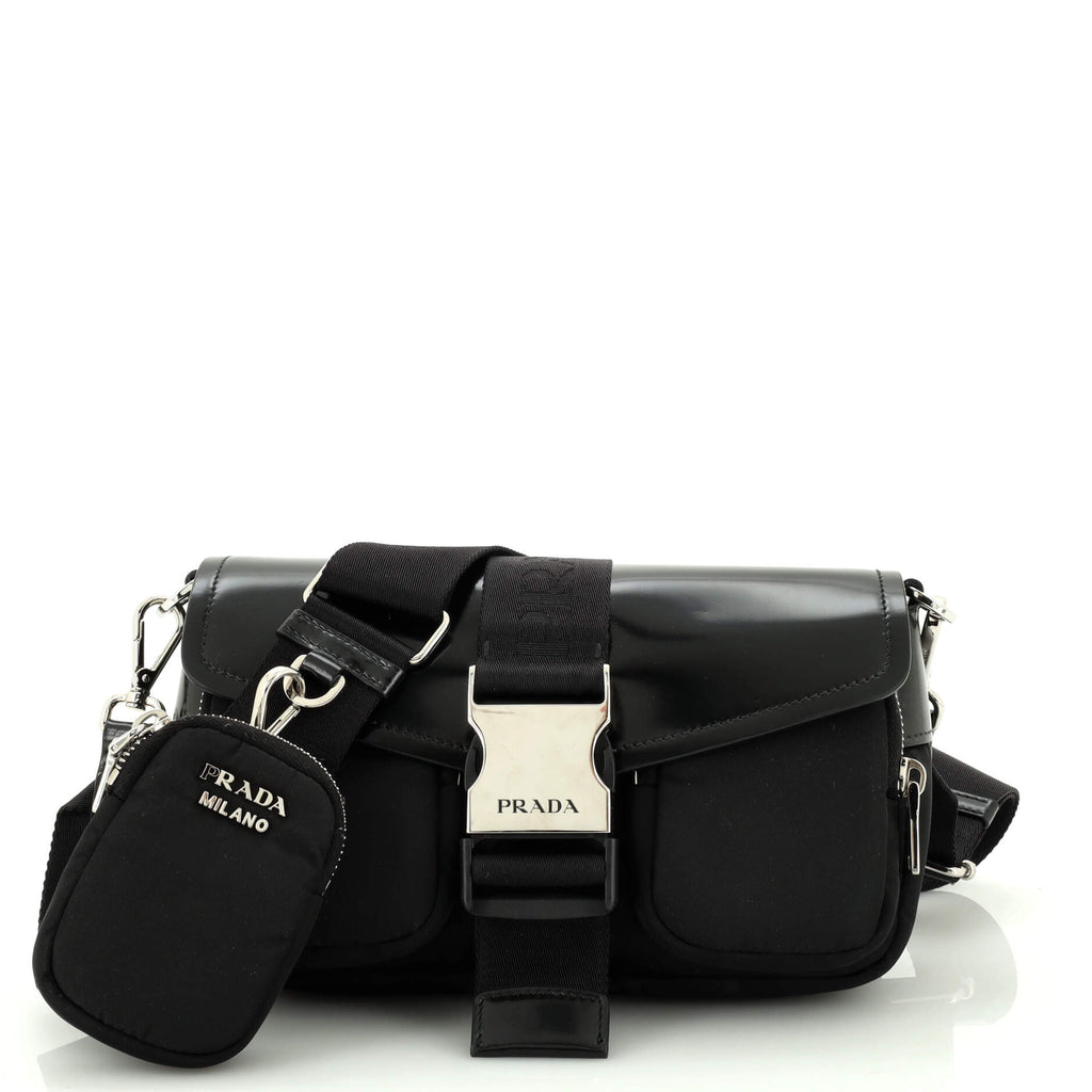 Prada Buckle Pocket Crossbody Bag Spazzolato Leather and Tessuto Black  2091753