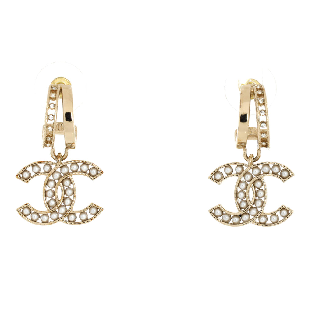 CHANEL, Jewelry, Chanel Pearl Crystal Cc Dangle Earrings Gold