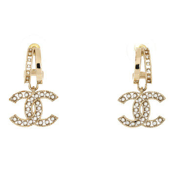 Chanel Double Hoop CC Drop Earrings Metal with Faux Pearls and Crystals