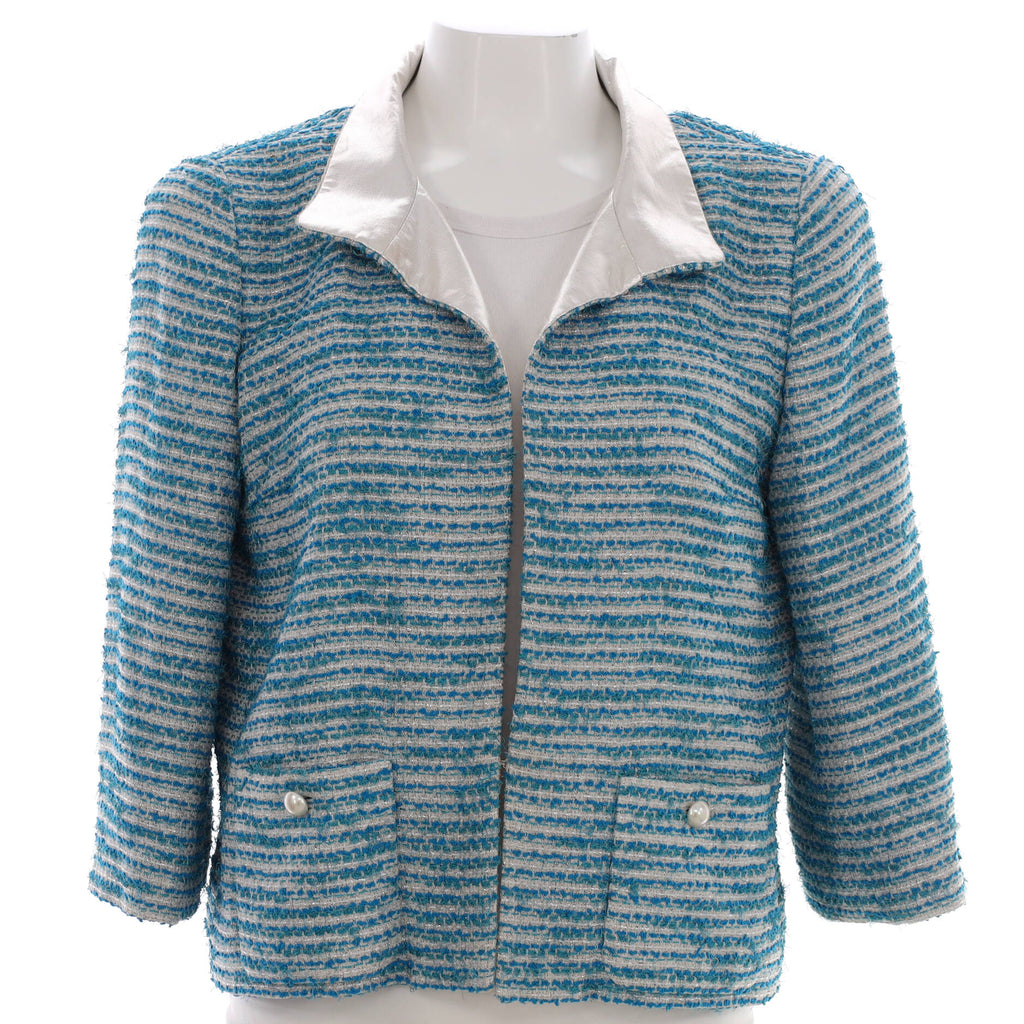 Chanel Women's Cropped Sleeve Pearl Button Jacket Tweed Blue 2093651