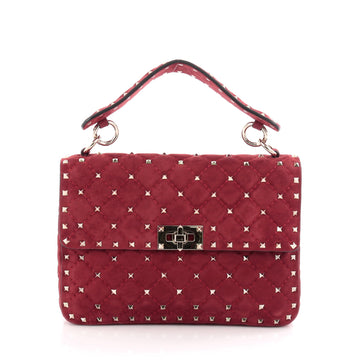 Valentino Rockstud Spike Flap Bag Quilted Suede Medium Red 2093901