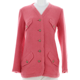 Chanel Women's Fringe Button Up Collarless Jacket Tweed Pink 2094073