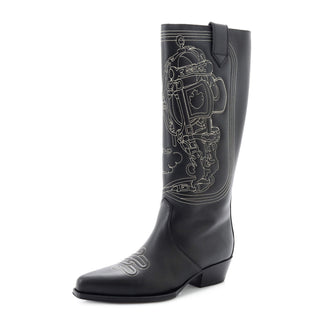 Hermes Women's Folk Knee High Boots Embroidered Leather 35