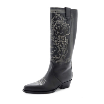 Hermes Women's Folk Knee High Boots Embroidered Leather 35