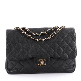 Chanel Vintage Classic Single Flap Bag Quilted Caviar Jumbo Black