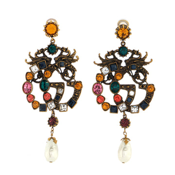 Gucci Dragon Double G Drop Earrings Metal with Crystals and Faux Pearls