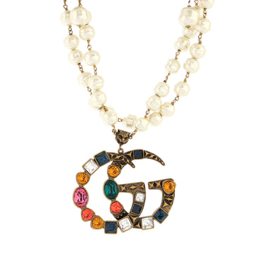 Gucci Ornate GG Station Long Necklace Metal with Faux Pearls and Crystals