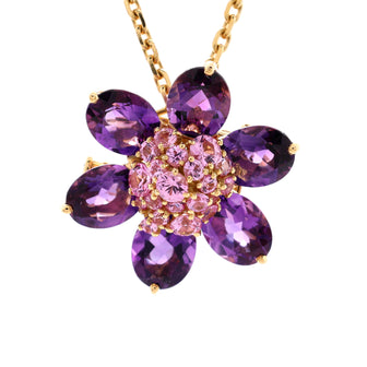Van Cleef & Arpels Hawaii Flower Brooch Necklace 18K Yellow Gold with Pink Sapphires and Amethysts