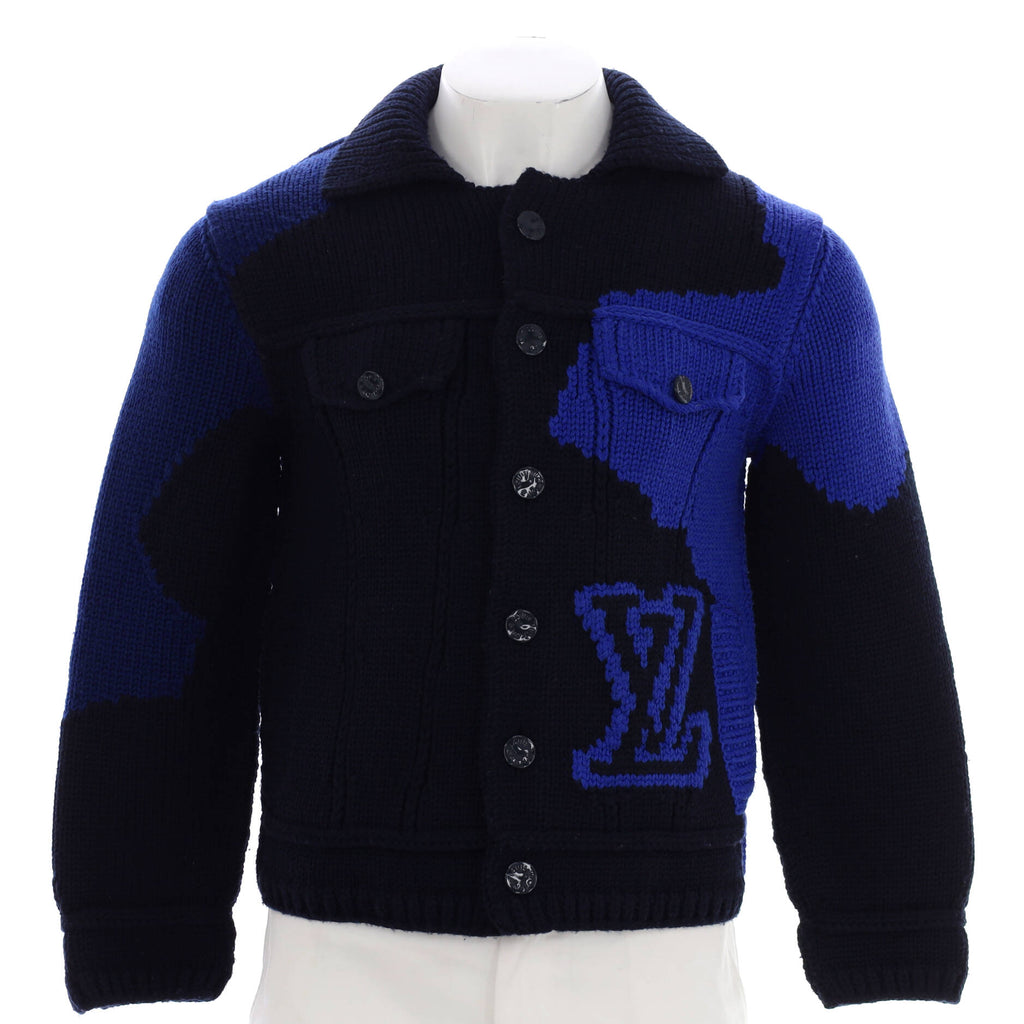 Louis Vuitton Men's Intarsia Camoflauge Buttoned Knit Jacket Wool Blue  210000243