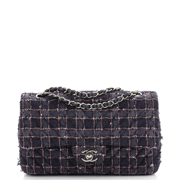 Chanel Classic Double Flap Bag Quilted Tweed Medium Blue 21000024