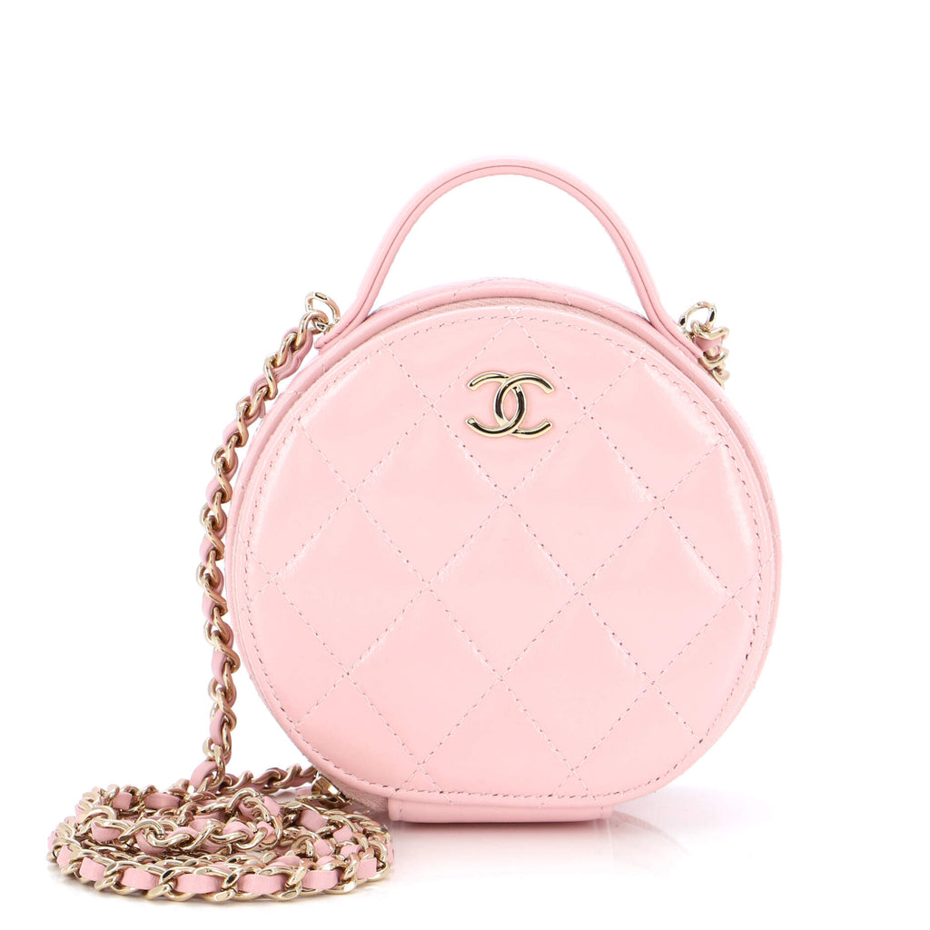 CHANEL Lambskin Quilted Round Small Vanity Case With Chain White