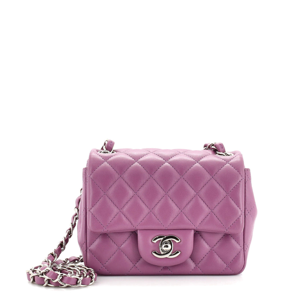 Chanel Square Classic Single Flap Bag Quilted Lambskin Mini Purple 210000393