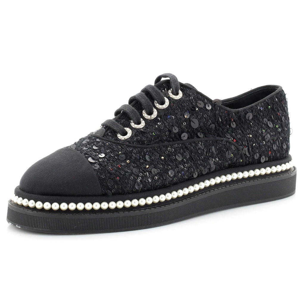 Chanel Women's CC Cap Toe Platform Sneakers Sequin Embellished Tweed with  Pearls Black 2100521