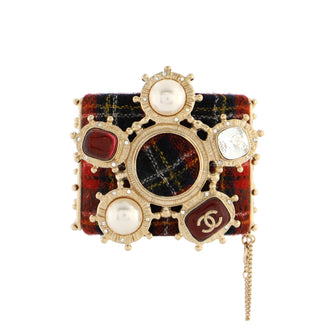 Chanel CC Tartan Cuff Bracelet Tweed and Metal with Faux Pearls and Crystals