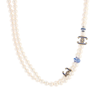 Chanel La Pausa CC Station Long Necklace Faux Pearls with Printed Beads and Metal