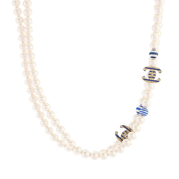 Chanel La Pausa CC Station Long Necklace Faux Pearls with Printed Beads and Metal