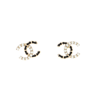 Chanel CC Chain Stud Earrings Metal with Faux Pearls and Leather