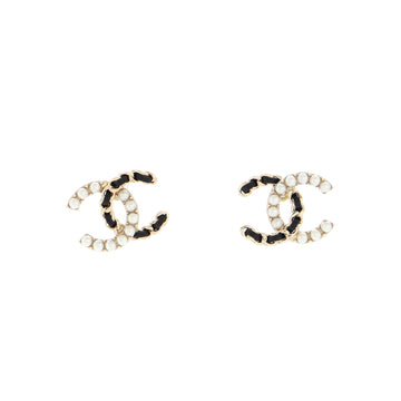 Chanel CC Chain Stud Earrings Metal with Faux Pearls and Leather