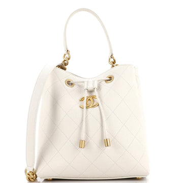 Chanel CC Top Handle Chain Drawstring Bucket Bag Quilted Caviar Small