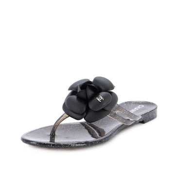 Chanel Women's Camellia Thong Slide Sandals Rubber with Leather