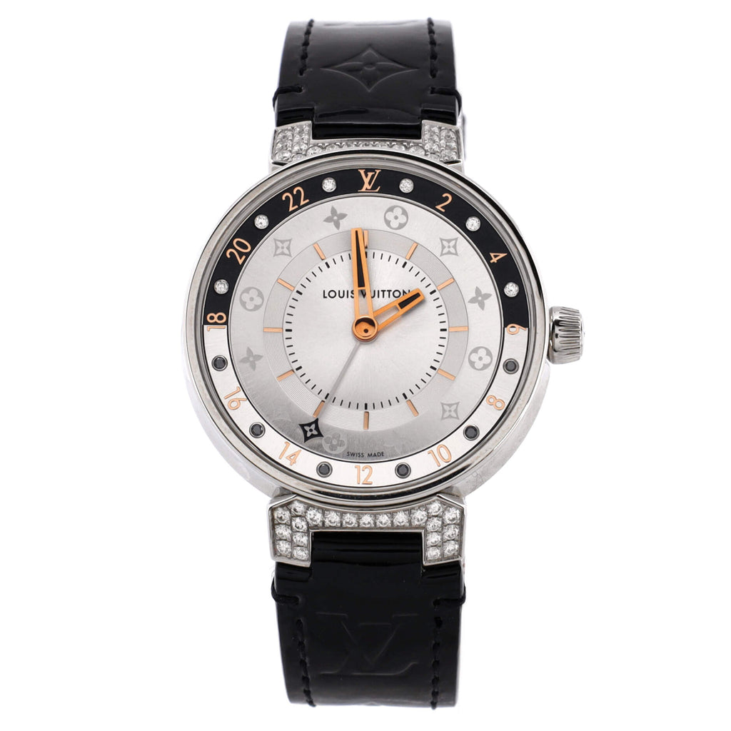 Louis Vuitton Tambour Moon Dual Time Quartz Watch Stainless Steel with  Diamond Lugs and Markers and Leather 35 2105201
