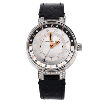 Louis Vuitton Tambour Moon Dual Time Quartz Watch Stainless Steel with Diamond Lugs and Markers and Leather 35