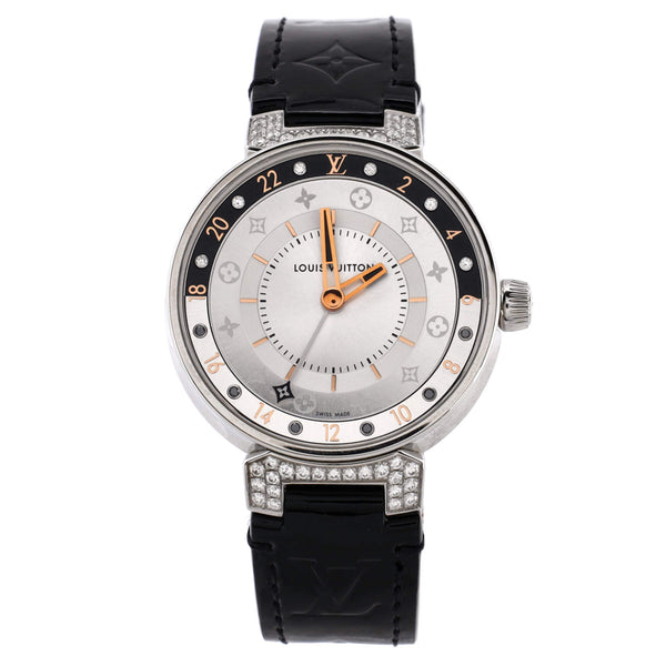 Tambour Moon Dual Time Quartz Watch Stainless Steel with Diamond Lugs and  Markers and Leather 35