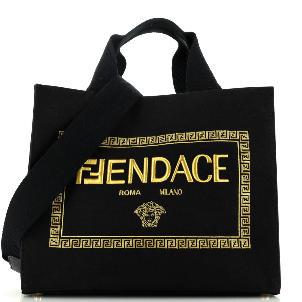 Fendi x Versace Fendace Convertible Shopping Tote Embroidered Canvas Large  Black 2106042