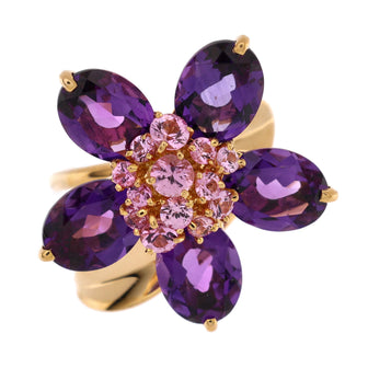 Van Cleef & Arpels Hawaii Flower Ring 18K Yellow Gold with Amethyst and Pink Sapphires